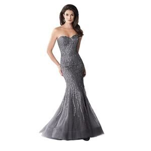 New Ivonne D. Mon Cheri 114D46 Gray Beaded Mermaid Formal Long Gown Dress Sz 10